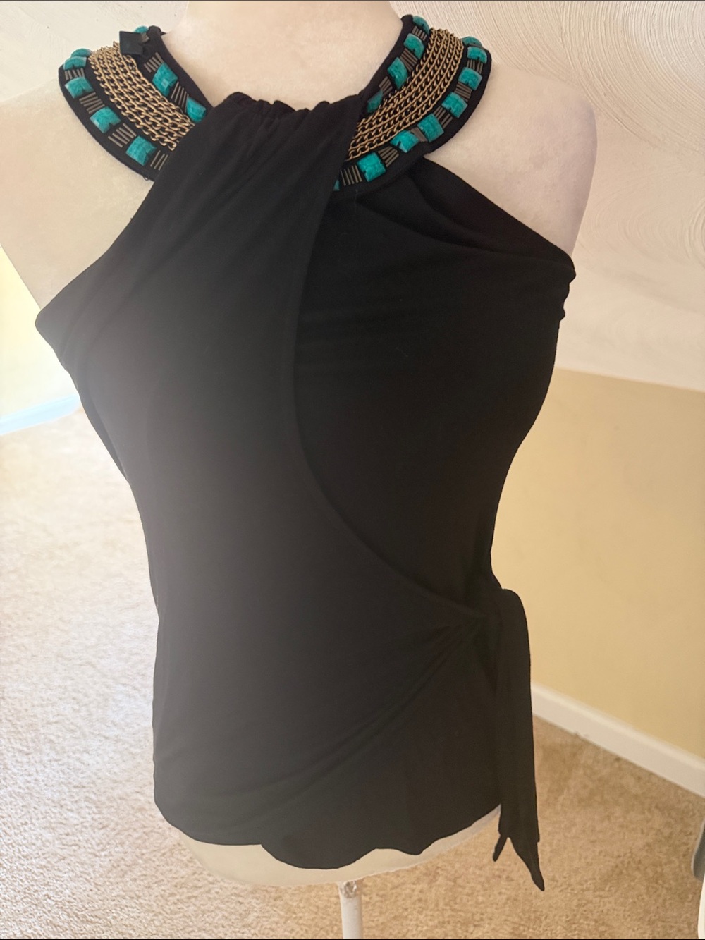 Cache Black Halter Camisole with Teal and Gold Beaded Collar